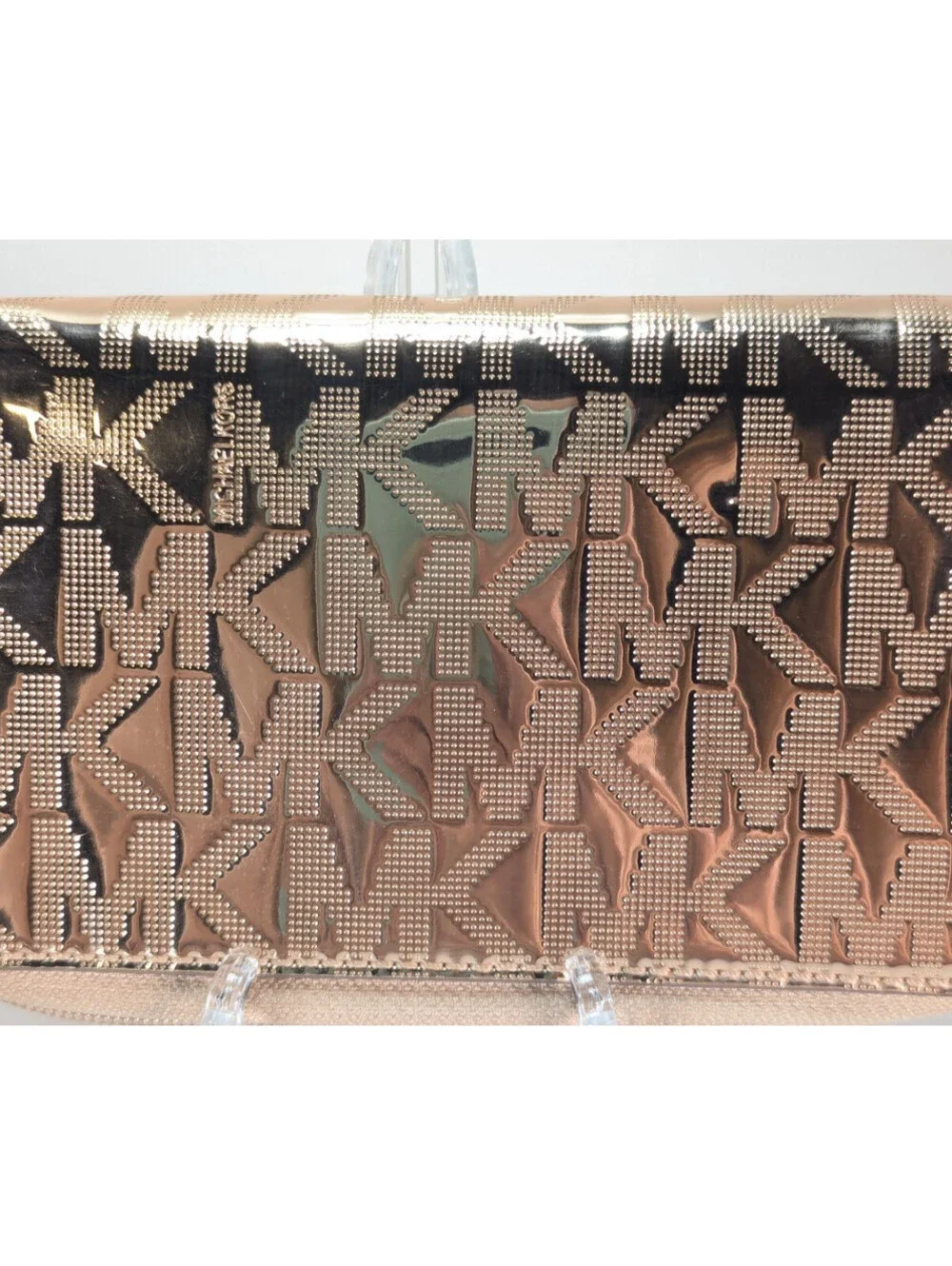 Michael Kors MK Signature Gold Metallic Wristlet Wallet Clutch Handbag Leather